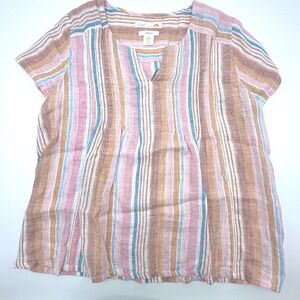 C&C California Womens 100% Linen Striped Split Neck Blouse Pink Blue Medium